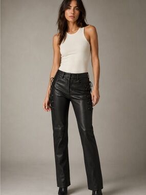 Isabel Marant Black Straight-Leg 4 real Leather Jeans with Side Lace-Up size 36
